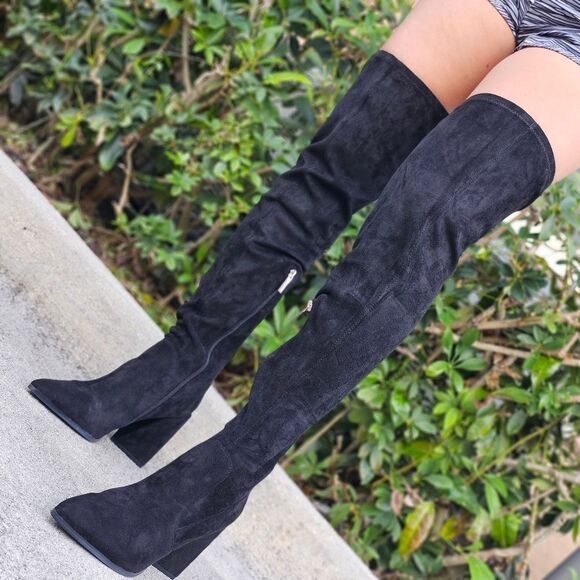 Women's Black Over The Knee pointed Chunky Block Heel Boots - Picture 1 of 6